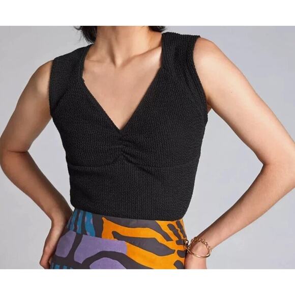 Anthropologie Maeve Womens Small Textured Top Gathered Front Sweetheart Black - Picture 1 of 7